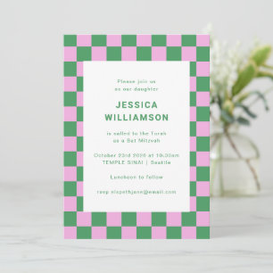 Retro Checkerboard Pink Green Einzigartiges Bat Mi Einladung