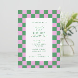 Retro Checkerboard Rosa Grün 21. Geburtstag Party Einladung