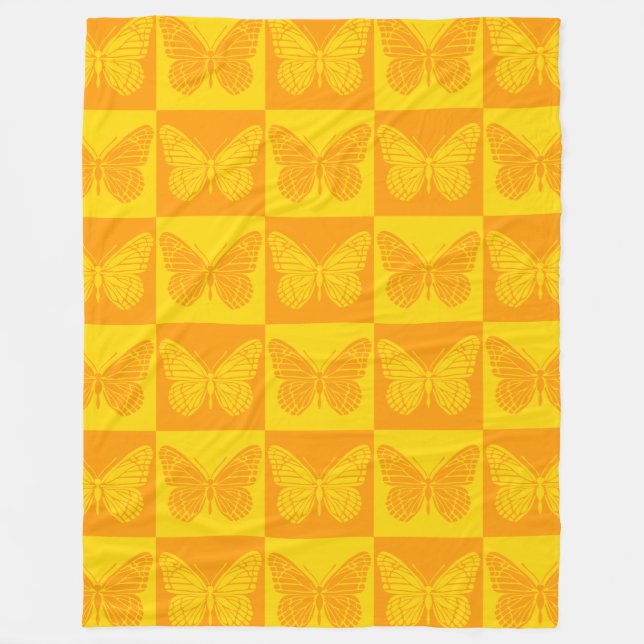 Retro Checkerboard Schmetterling Muster Gelb Orang Fleecedecke (Vorderseite)