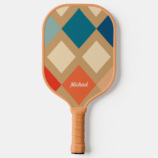 Retro Checkered Beige Blue Orange Monogram Pickleball Schläger (Rückseite)