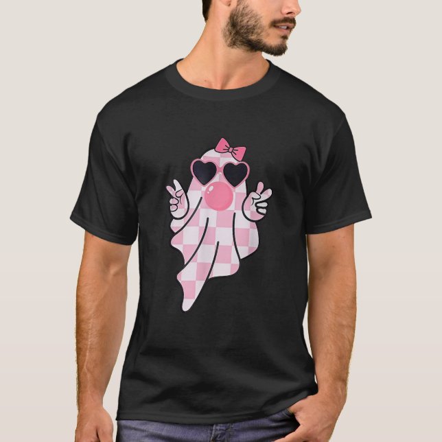 Retro Checkered Cute Pink Ghost Blowing Bubble Gum T-Shirt (Vorderseite)