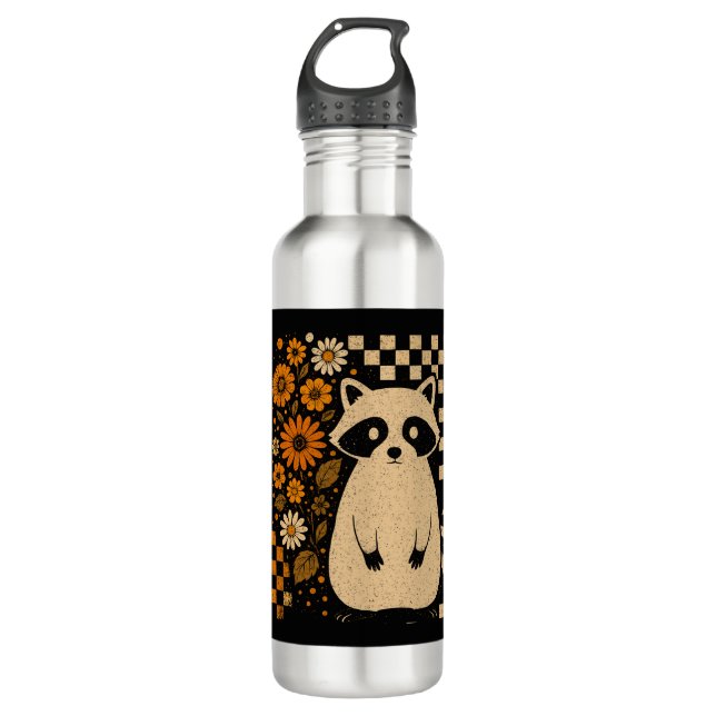 Retro Checkered Halloween Raccoon Edelstahlflasche (Vorderseite)