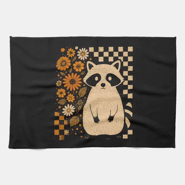 Retro Checkered Halloween Raccoon Geschirrtuch (Horizontal)