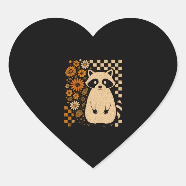 Retro Checkered Halloween Raccoon Herz-Aufkleber (Vorderseite)