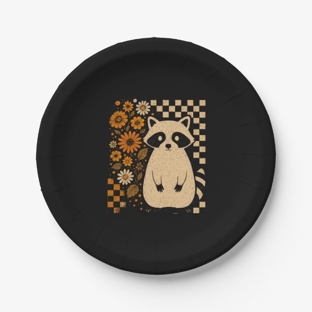 Retro Checkered Halloween Raccoon Pappteller (Vorderseite)