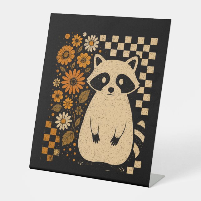 Retro Checkered Halloween Raccoon Sockelschild (Vorderseite)