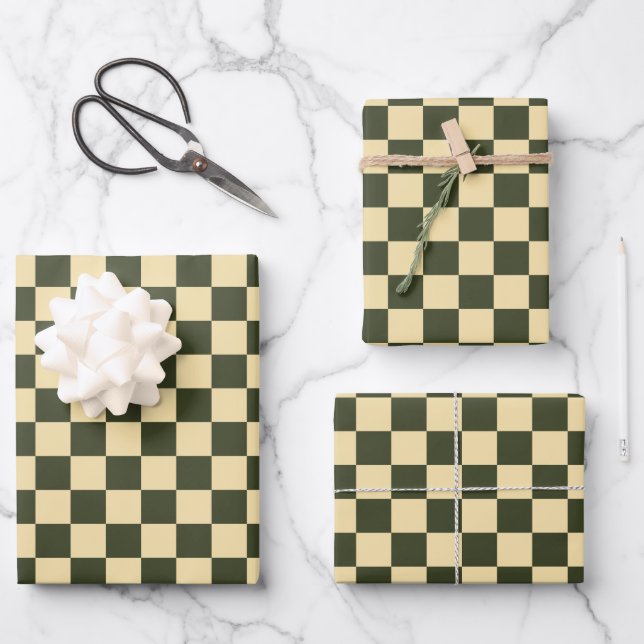Retro Checkered in Olive Green and Cream Geschenkpapier Set (Vorderseite)