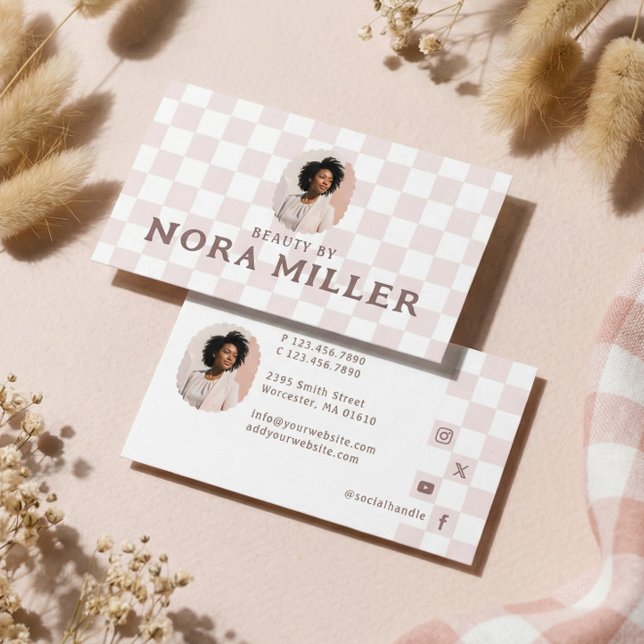Retro Checkered Pattern Beauty Professional Photo  Visitenkarte (Retro Checkered Pattern Beauty Professional Photo Business Card)