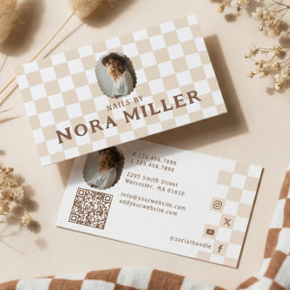 Retro Checkered Pattern Nail Beauty Artist Photo Visitenkarte