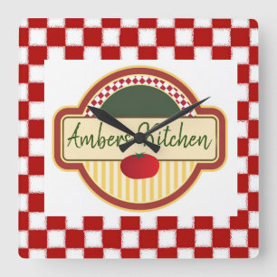 Retro Checkered with Tomato Quadratische Wanduhr