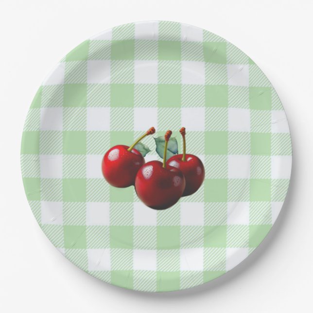 Retro Cherries fresh picked green gingham Pappteller (Vorderseite)