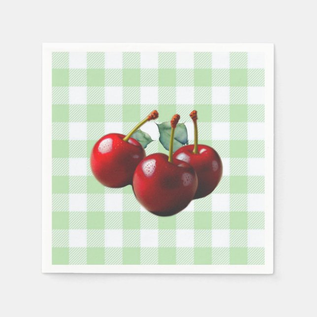 Retro Cherries fresh picked green gingham Serviette (Vorderseite)