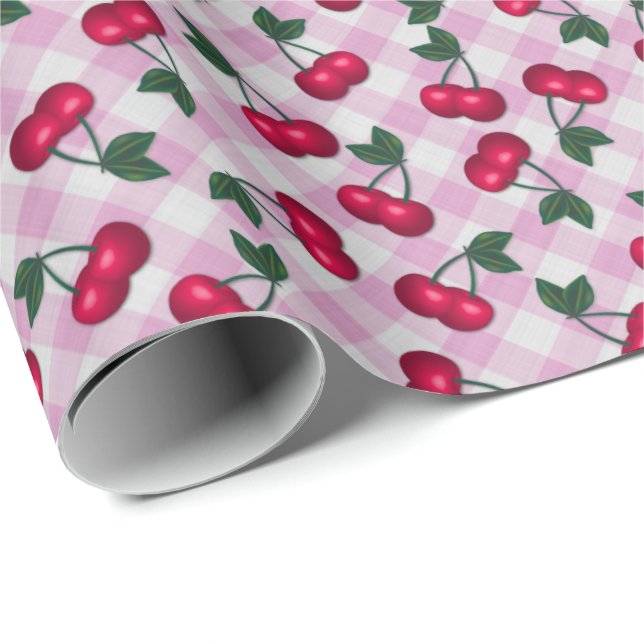 Retro Cherries über Pink Gingham Geschenkpapier (Rolleneckpunkt)