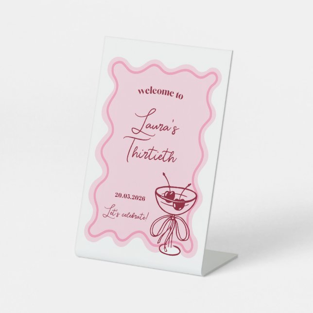 Retro Cherry Cocktail Birthday Welcome Sign Sockelschild (Vorderseite)