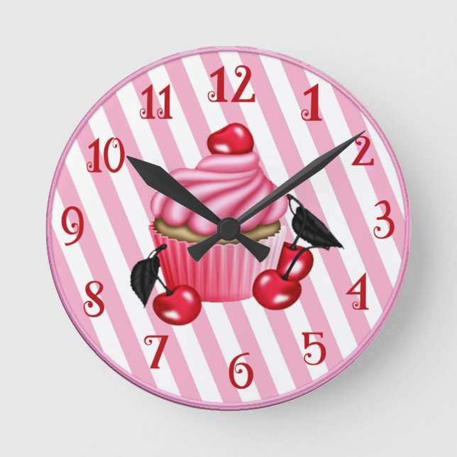 Retro Cherry Cupcake Wall Runde Wanduhr (Vorderseite)