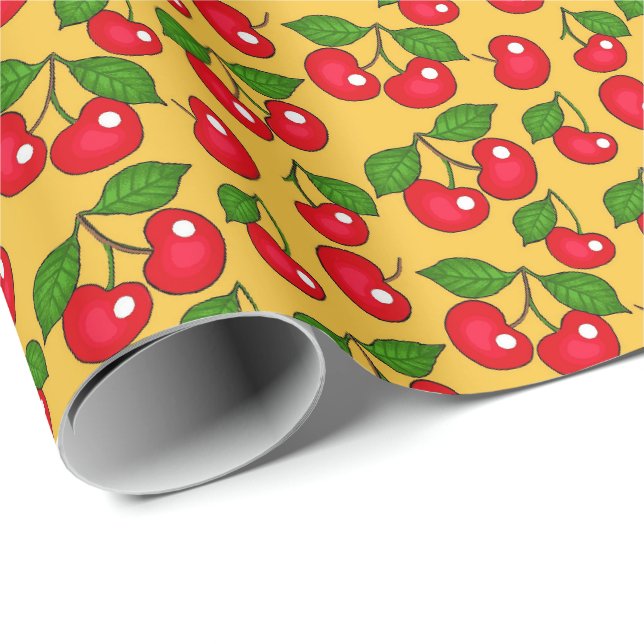 Retro Cherry Design / gelb Geschenkpapier (Rolleneckpunkt)