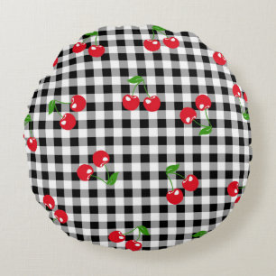 Retro Cherry Gingham Niedlich Red & Black Checked Rundes Kissen