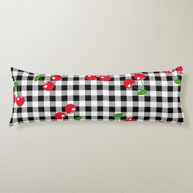Retro Cherry Gingham Niedlich Red & Black Checked Seitenschläferkissen (Vorderseite)
