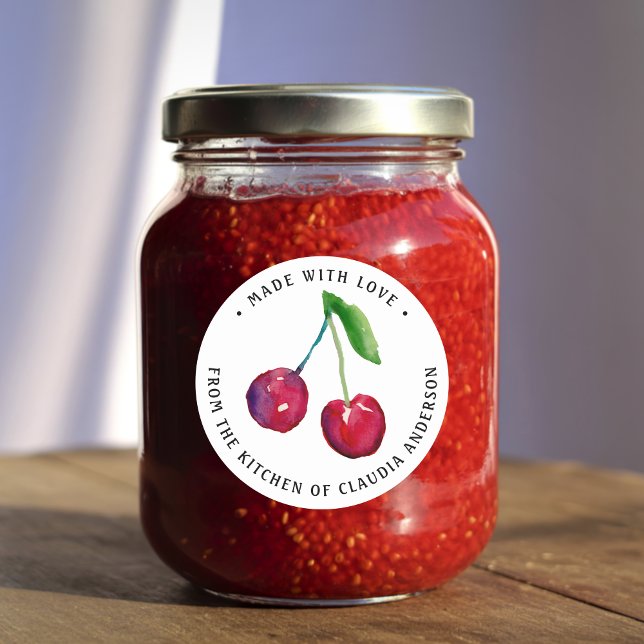 Retro Cherry Packaging Jar Dekoration Kitchen Gesc Runder Aufkleber (This cute cherry label features my own original watercolor artwork.)