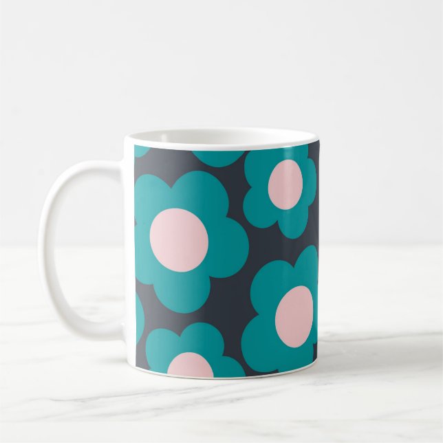 Retro Chic Blue Pink Floral Vibrannt Y2K Kaffeetasse (Links)