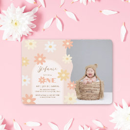 Retro Chic Bohemisch Daisy 1. Geburtstag Baby Foto Einladung