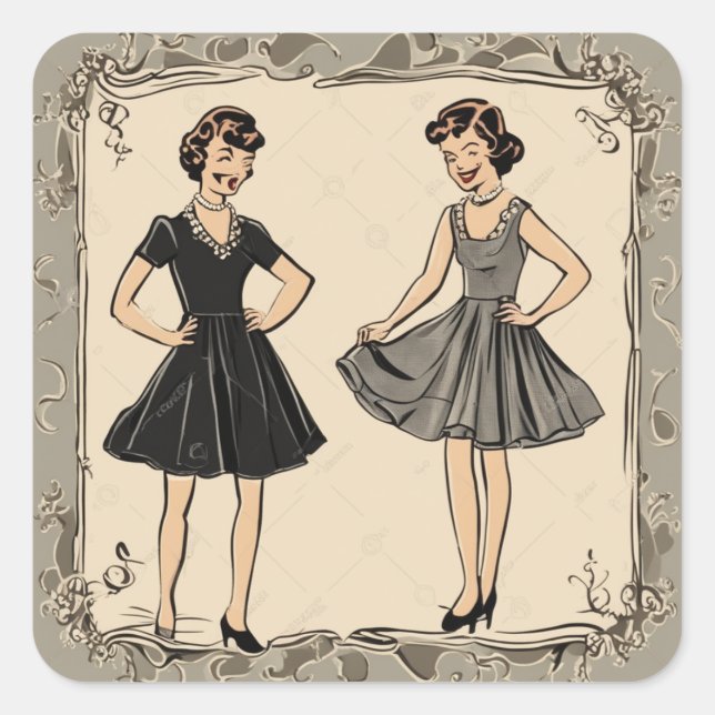 Retro Chic LBD Kunstaufkleber Quadratischer Aufkleber (Vorderseite)