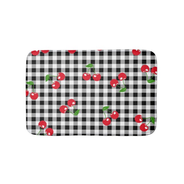 Retro Chic Niedlich Red Cherry Black & White Gingh Badematte (Vorderseite)