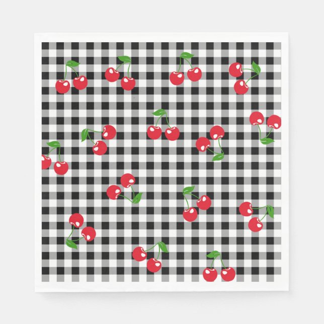 Retro Chic Niedlich Red Cherry Black & White Gingh Serviette (Vorderseite)