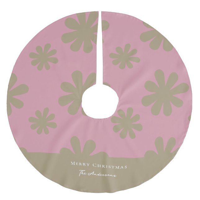 Retro Chic Pink und Gold Floral Frohe Weihnachten Polyester Weihnachtsbaumdecke (Vorderseite)