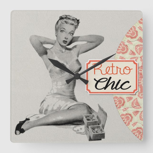 Retro Chic Pinup Girl Quadratische Wanduhr (Vorderseite)
