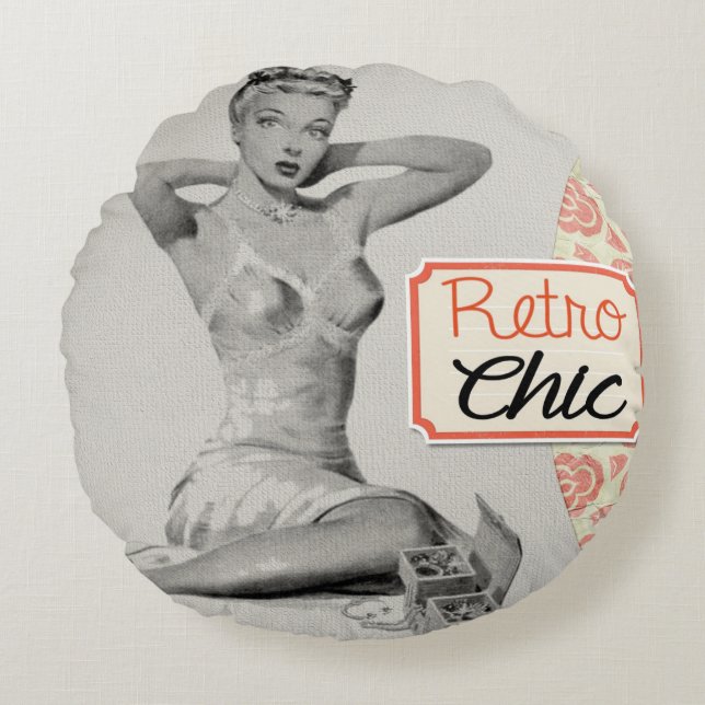 Retro Chic Pinup Girl Rundes Kissen (Vorderseite)