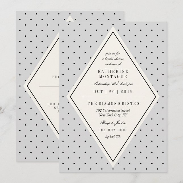 Retro Chic Polka Dots Diamond Brautparty laden ein Einladung (Vorne/Hinten)