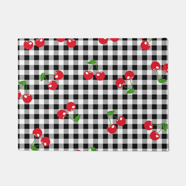 Retro Chic Red Cherry & Schwarz-weiß Gingham Fußmatte (Vorderseite)
