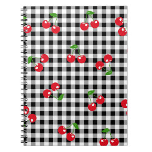 Retro Chic Süße Rote Kirsche Schwarz Weiß Gingham Notizblock