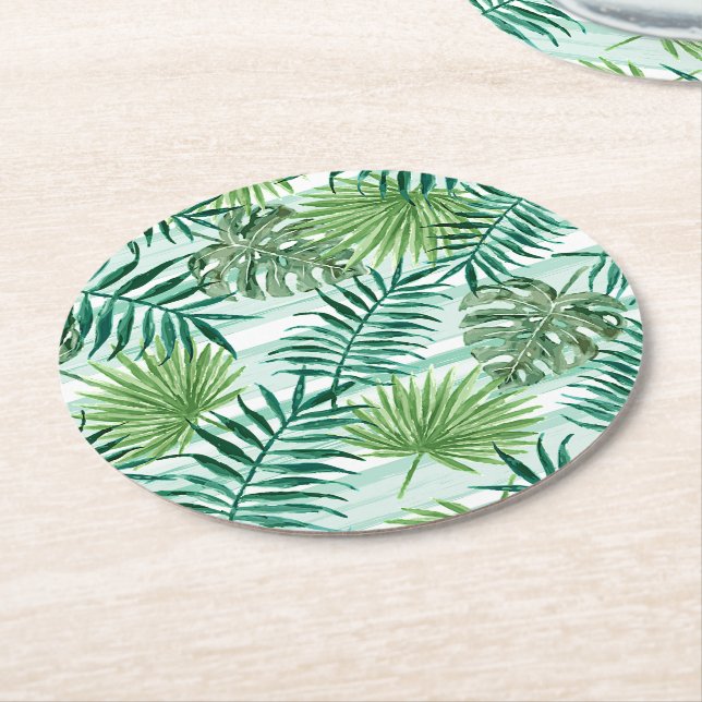 Retro Chic Tropical Green Palm Blätter Art Pattern Runder Pappuntersetzer (Angewinkelt)