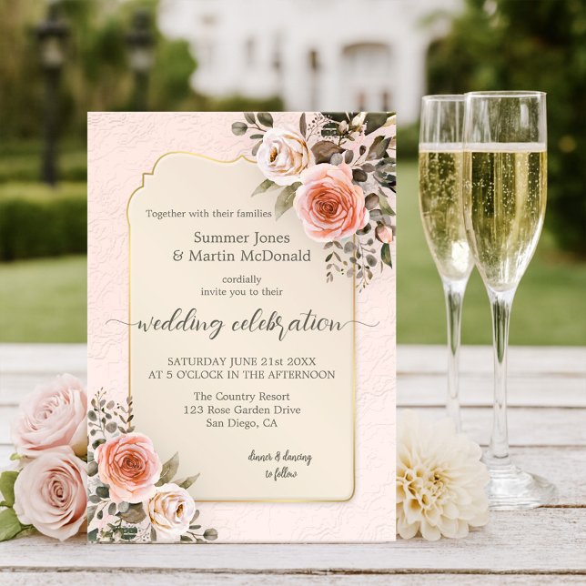 Retro Chic Watercolor Blush Pink Roses Wedding Einladung (Watercolor wedding invitation featuring blush pink roses on romantic retro peach and tan)