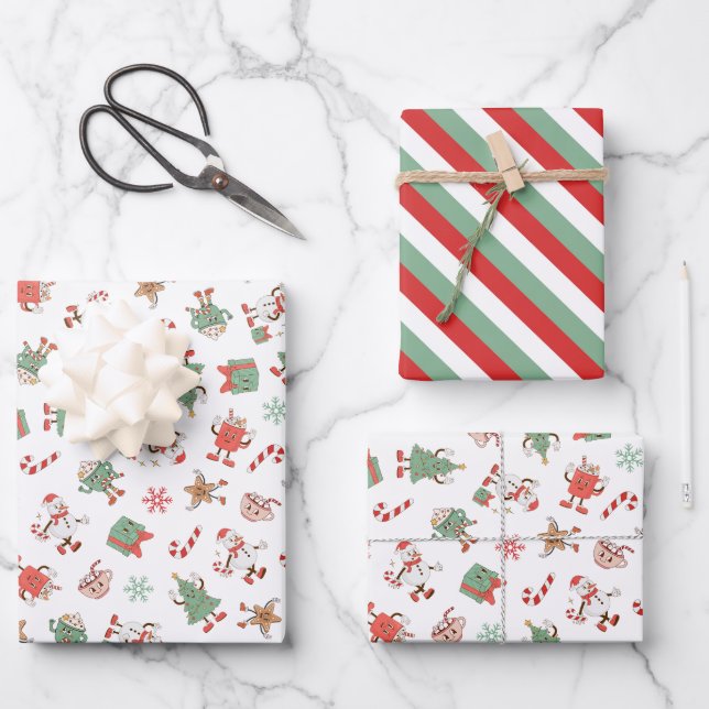 Retro Chillin' mit meinen Schneemassen Weihnachten Geschenkpapier Set (Vorderseite)