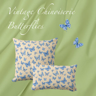 Retro Chinoiserie Blue Butterfells Blush Ivory Kissen