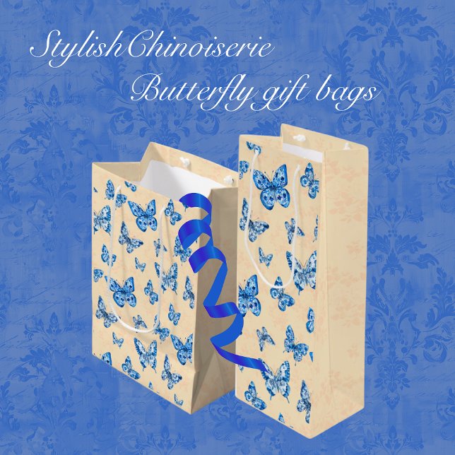 Retro Chinoiserie Blue Butterfells Blush Ivory Mittlere Geschenktüte (Chinoiserie elegance!)