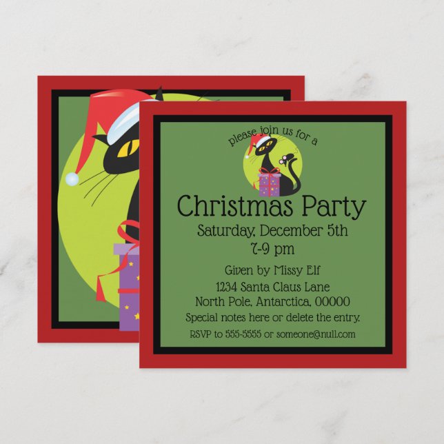 Retro Christmas Black Cat Black Mouse Einladung (Vorne/Hinten)