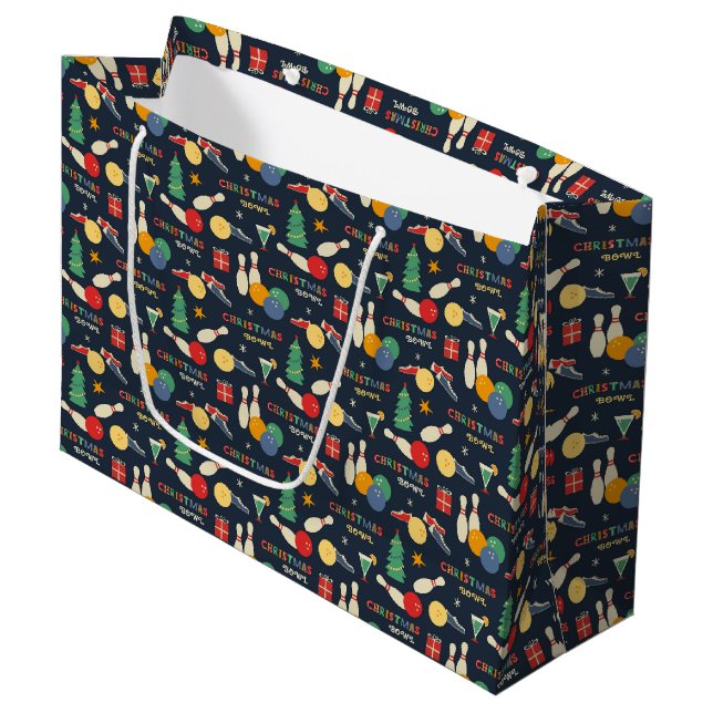 Retro Christmas Bowling Pattern Große Geschenktüte (Vorderseite Schrägansicht)