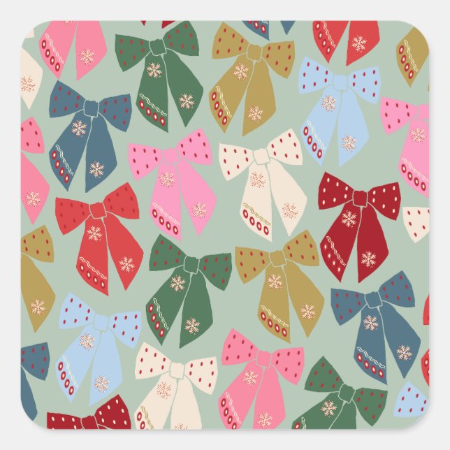 Retro Christmas Bows Coquette Quadratischer Aufkleber (Vorderseite)
