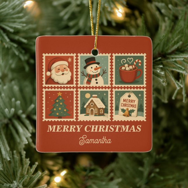 Retro Christmas Briefmarke Collage Keramikornament (Baum)