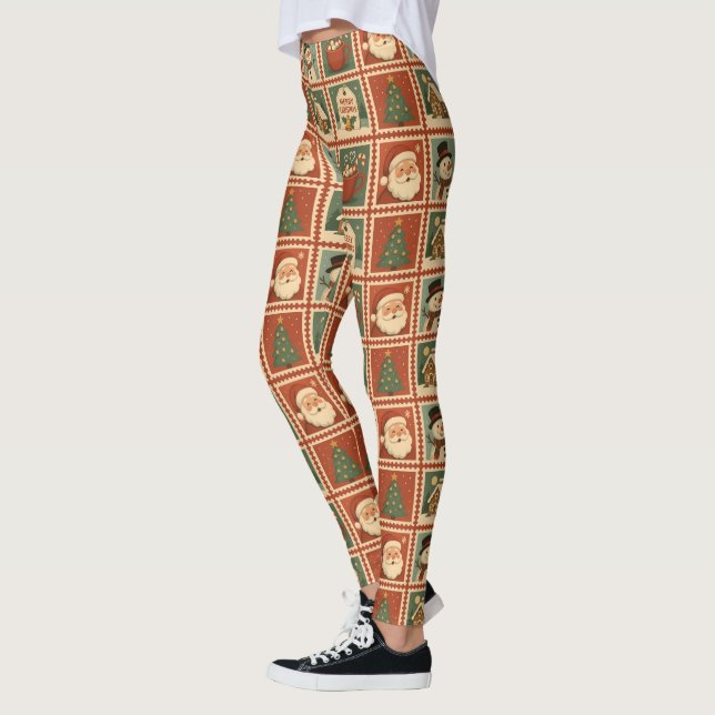 Retro Christmas Briefmarke Collage Leggings (Links)