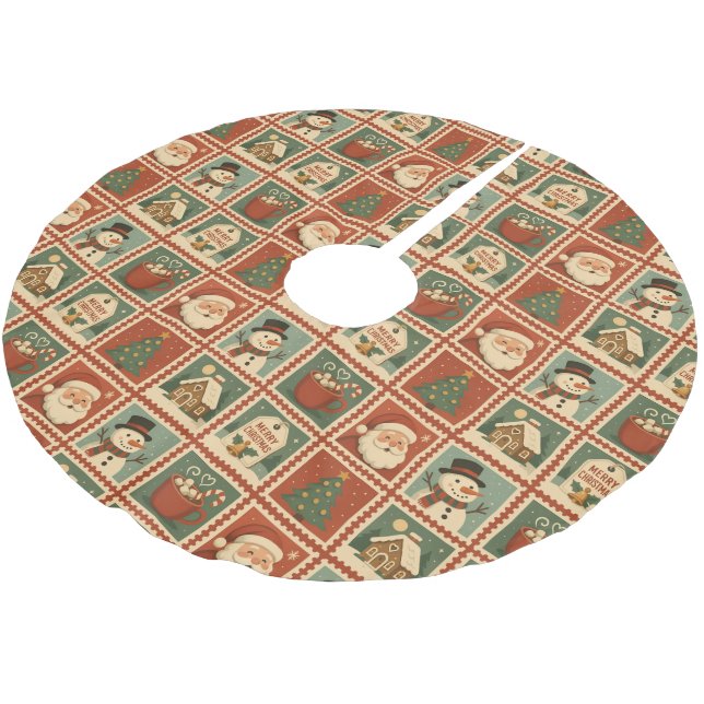 Retro Christmas Briefmarke Collage Polyester Weihnachtsbaumdecke (Schrägansicht)