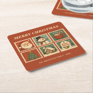 Retro Christmas Briefmarke Collage Rechteckiger Pappuntersetzer