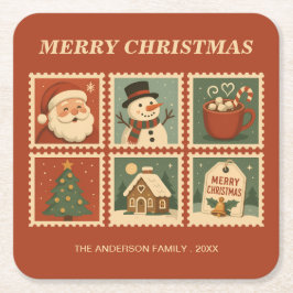 Retro Christmas Briefmarke Collage Rechteckiger Pappuntersetzer