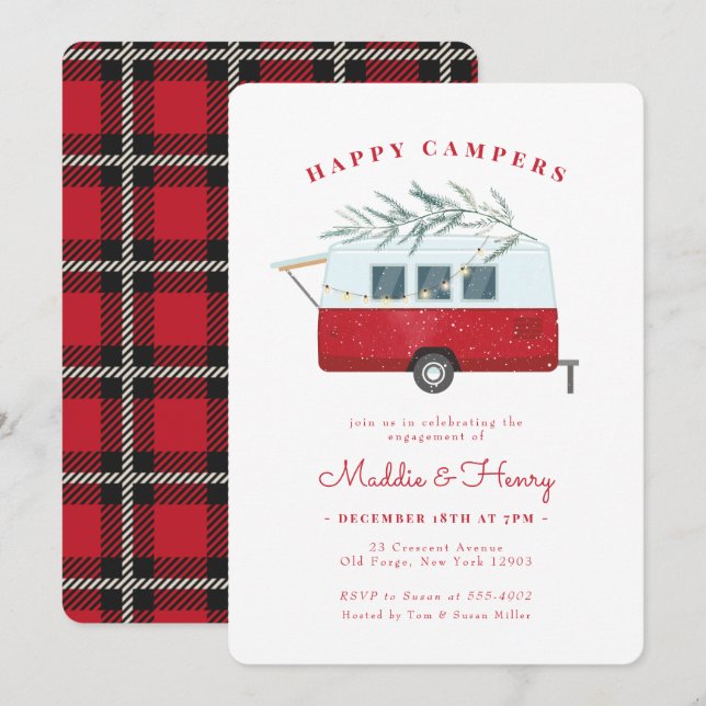 Retro Christmas Camper Red Engagement Party Einladung (Vorne/Hinten)