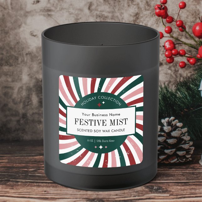 Retro Christmas Candle Label Weihnachtsverpackung Quadratischer Aufkleber (Bring back the nostalgia with this retro-inspired Christmas product sticker)
