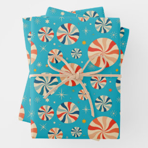 Retro Christmas Candy Cane Blue Geschenkpapier Set